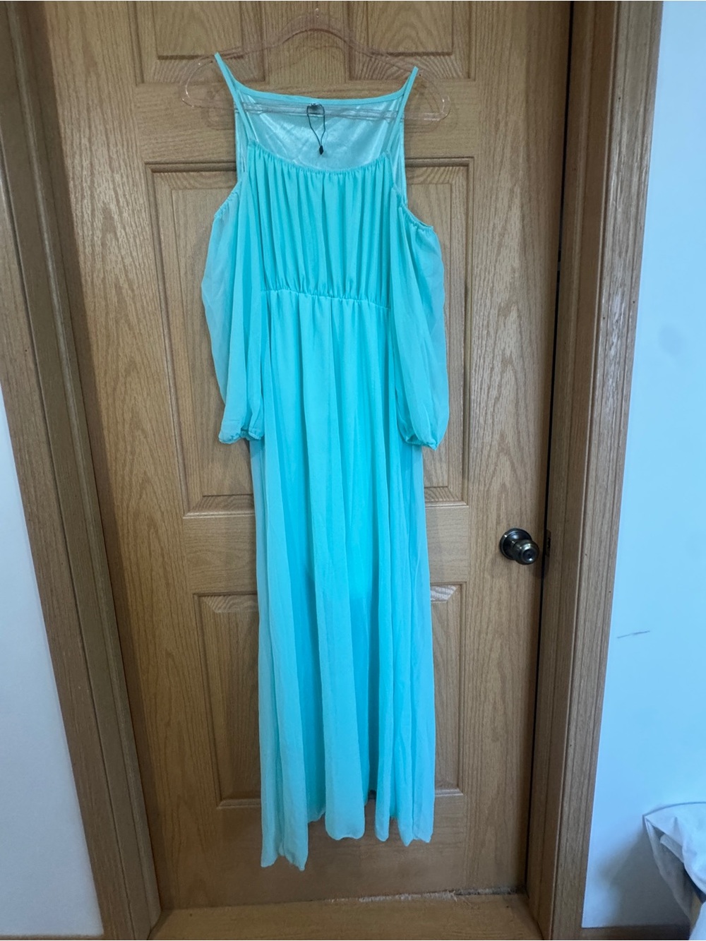 Mint Blue Chiffon Maxi Dress Cold Shoulder Long Bishop Sleeve Bohemian XL